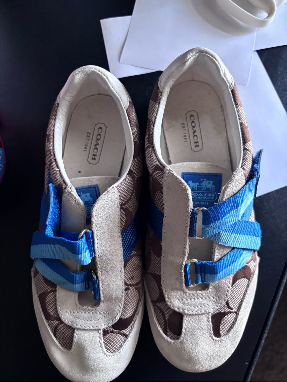 COACH womens Brown Signature Canvas Sneakers with Blue Straps